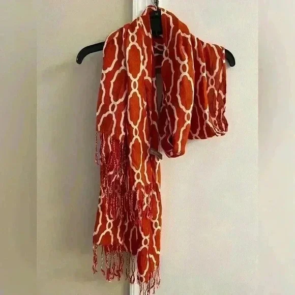 Spartina 449 pumpkin Orange Patterned Scarf with Fringe - Picture 2 of 7